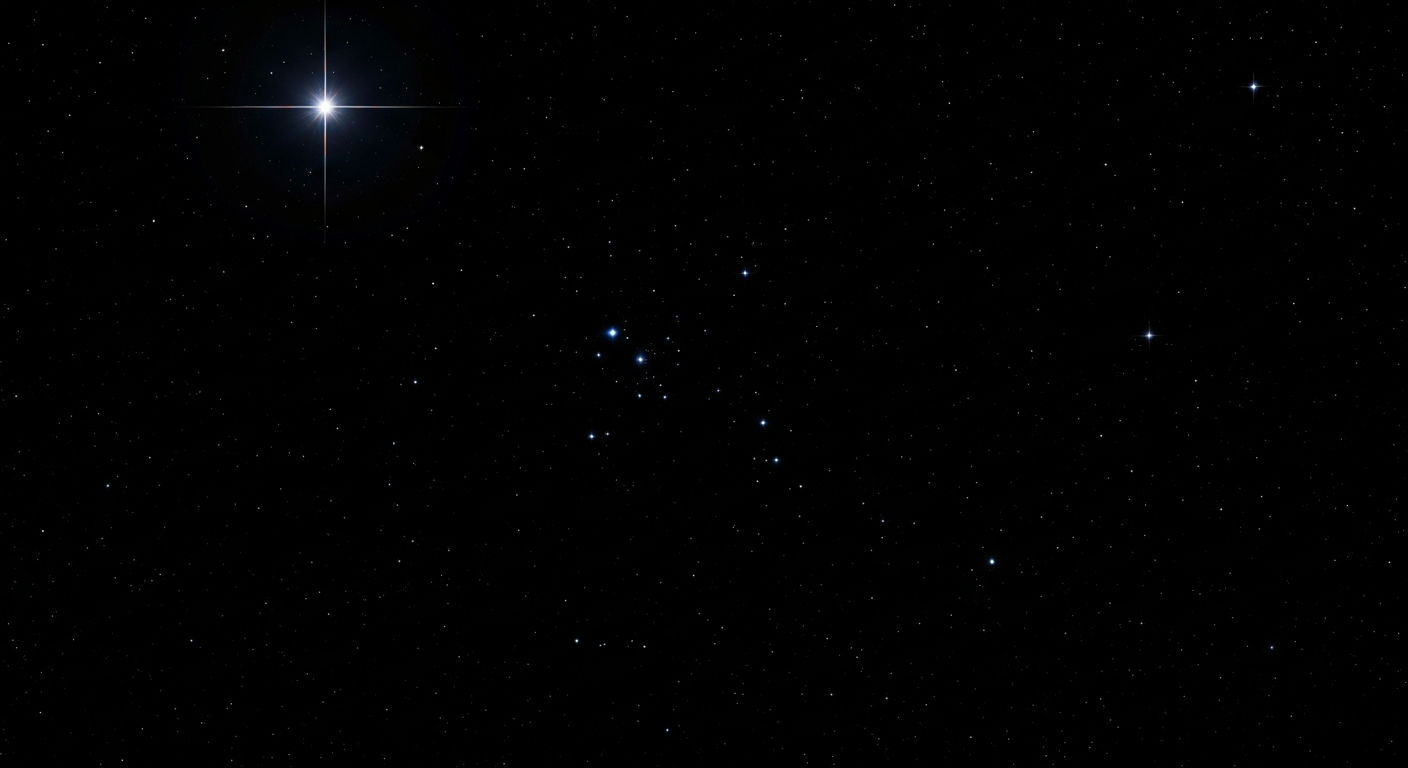 AI_IMAGE: A realistic ultra-wide panoramic night sky on pure black background with naturally scattered stars following real astronomical distribution, most of the sky is dark empty space with sparse individual stars of varying brightness and size spread unevenly across the frame, a few loose clusters resembling real constellations, one very bright North Star Polaris near upper center with soft four-pointed diffraction spikes and gentle glow halo, stars range from barely visible pinpoints to small bright dots, vast dark negative space between star groupings creating authentic depth, extremely subtle blue-violet nebula hint in one small area, no ground no horizon pure celestial void | digital-art | landscape
